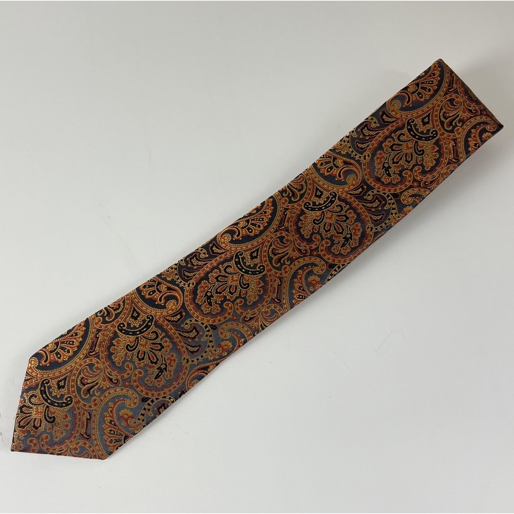 Geoffrey Beene Silk Mens Tie Necktie Orange Bronze Gray Fall Paisley